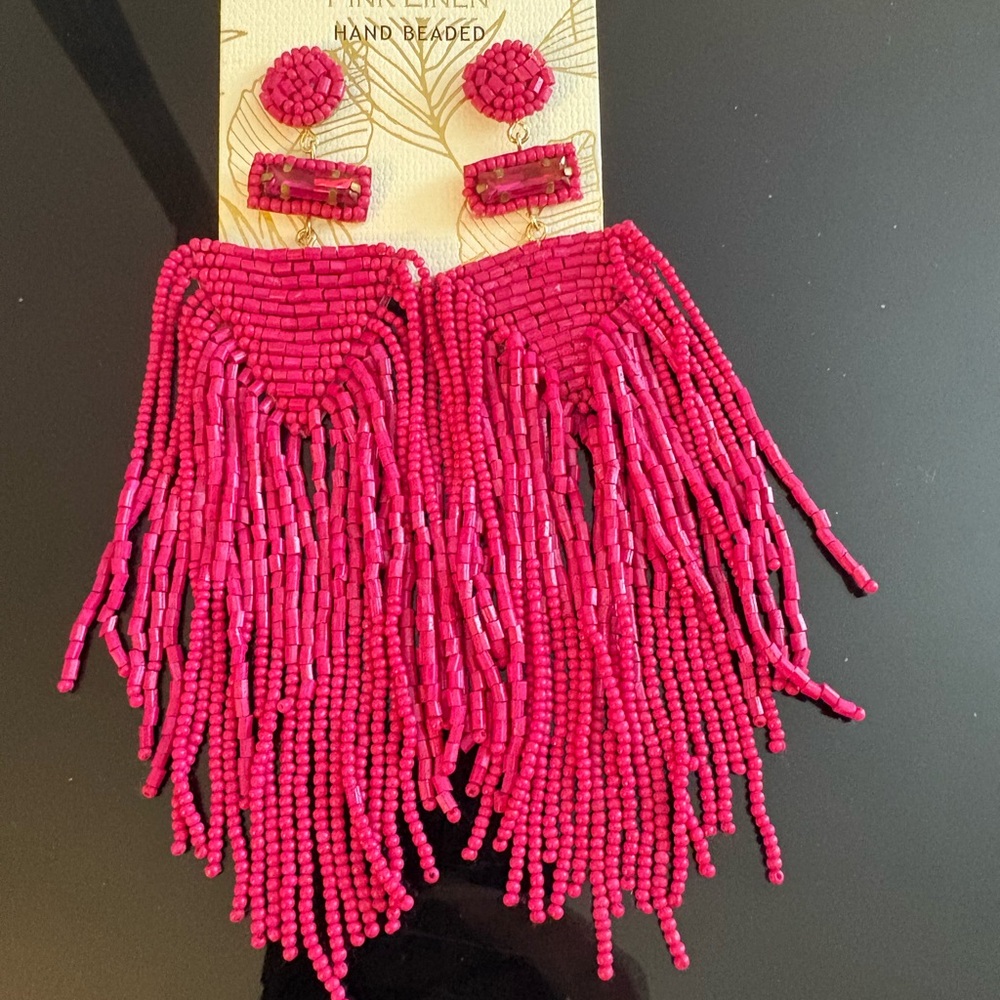 Pink Beaded Fringe Statement Earrings